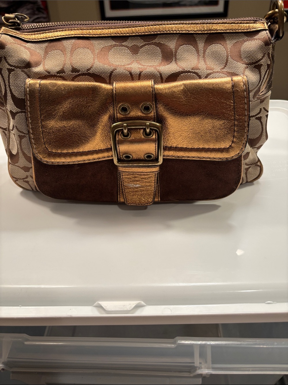 Coach Metallic Bronze Signature Shoulder Bag with Brown Suede Trim